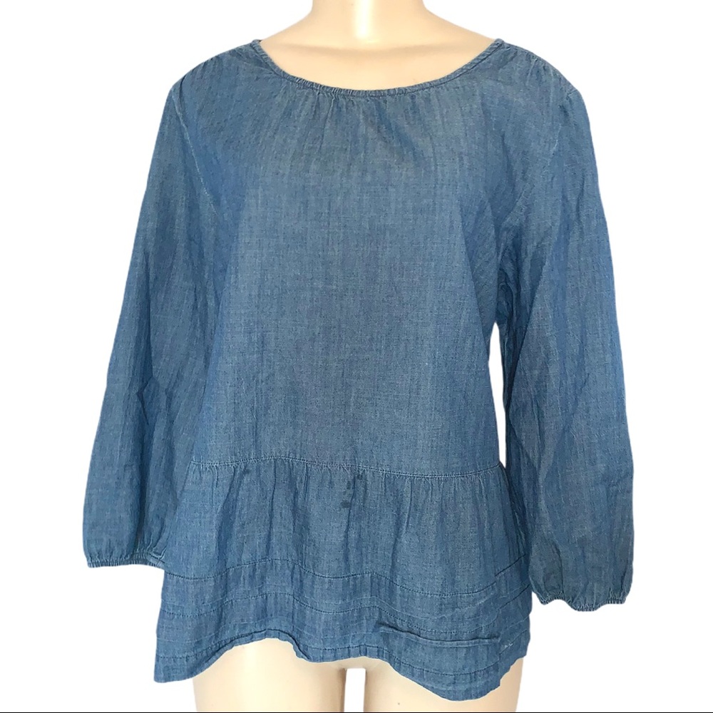 Kismet Petite Peplum Babydoll Cotton Denim Puffy LS Shirt Blouse